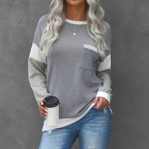 GRAY KNIT TOP SPLICING SLEEVE